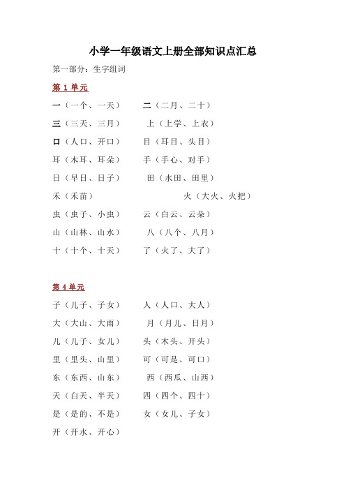 部编版一年级语文上册全部知识点汇总(完整部编版)