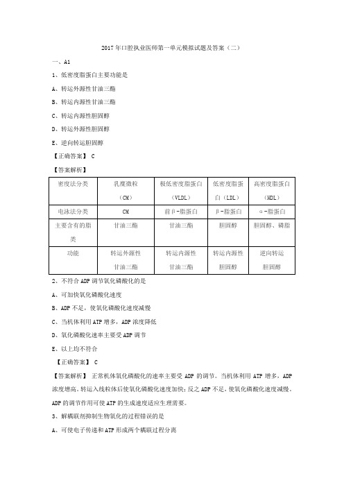 2017年口腔执业医师第一单元模拟试题及答案(二)