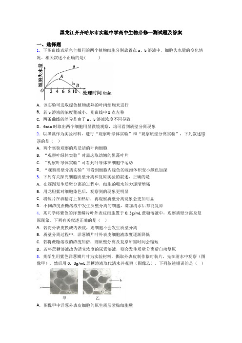 黑龙江齐齐哈尔市实验中学高中生物必修一测试题及答案