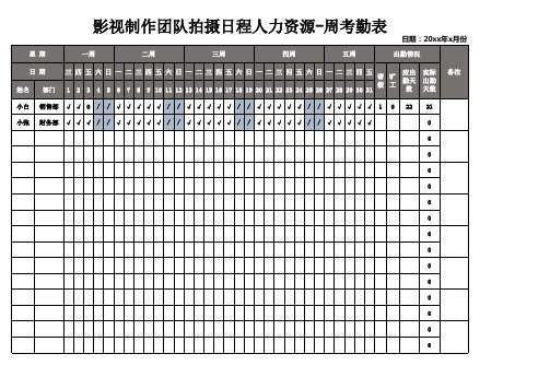 影视制作团队拍摄日程人力资源-周考勤表