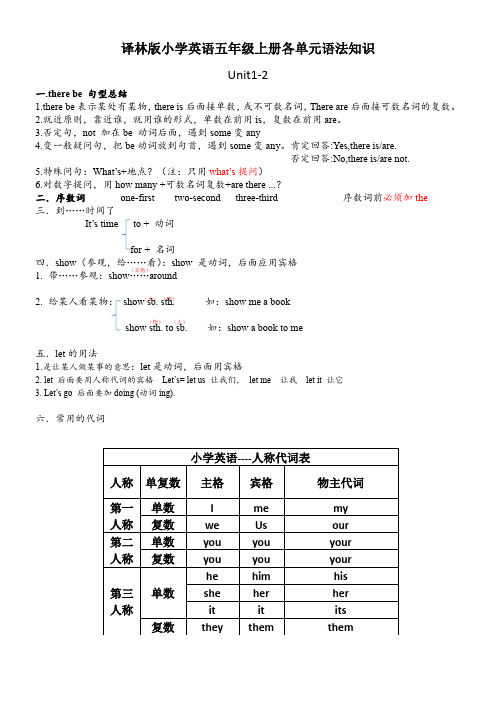 译林版小学英语五年级上册各单元语法知识