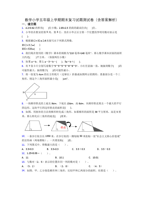 数学小学五年级上学期期末复习试题测试卷(含答案解析)