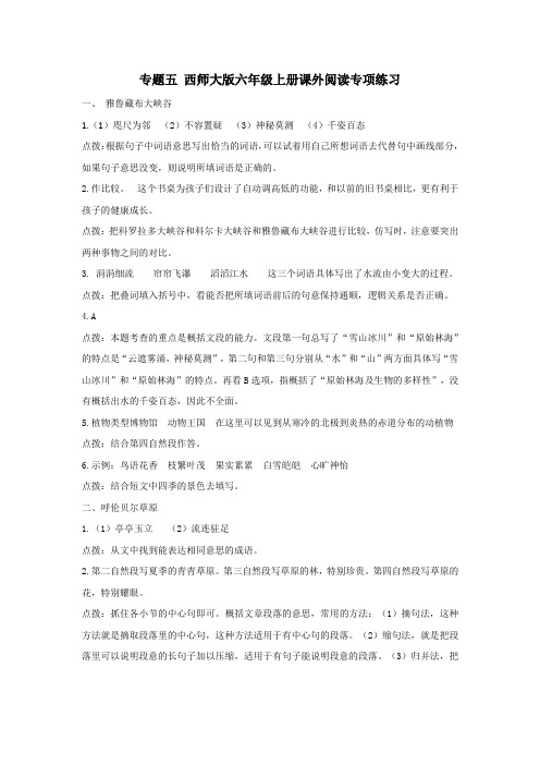 西师大版六年级上册课外阅读专项答案