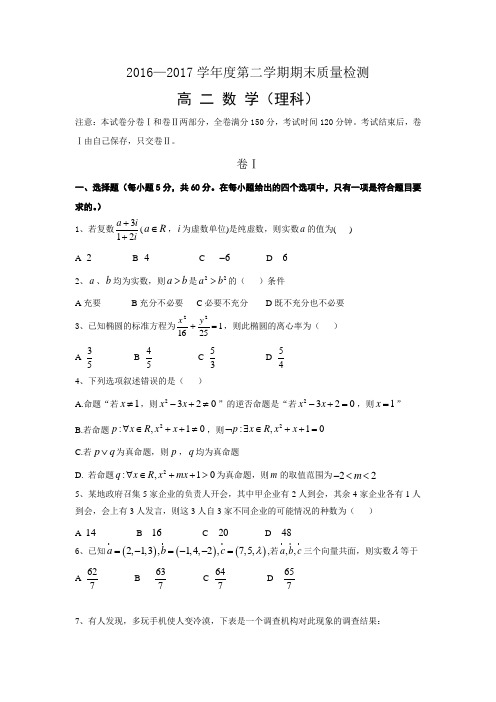 秦皇岛市卢龙县2016-2017学年高二下期末数学试题(理)含答案