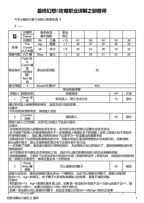 最终幻想5攻略职业详解之驯兽师