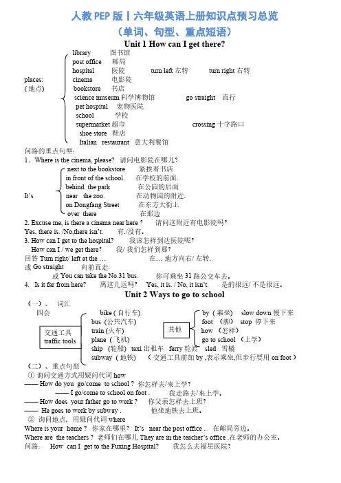 人教PEP版丨六年级英语上册知识点预习总览单词句型重点短语