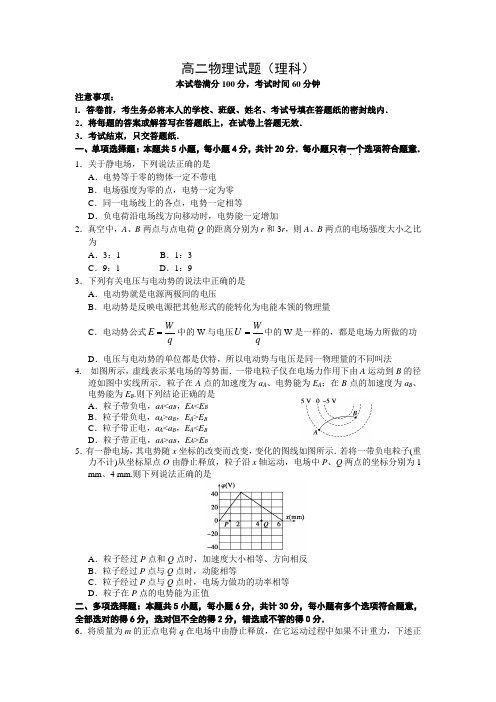 人教版高中物理选修3-1高二试题(理科)