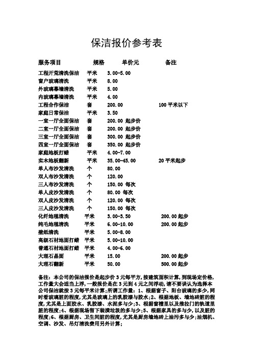 保洁报价参考表