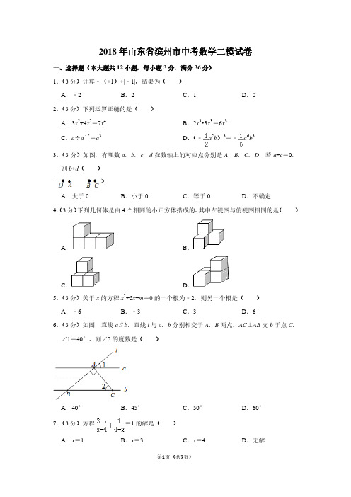 2018年山东省滨州市中考数学二模试卷