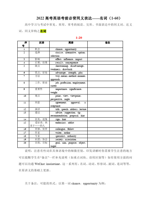 2022高考英语考前必背同义表达——名词(1-60)