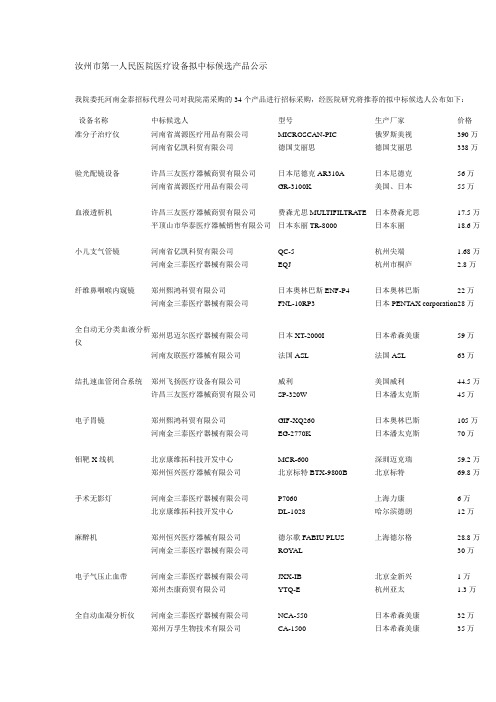 汝州市第一人民医院医疗设备拟中标候选产品公示