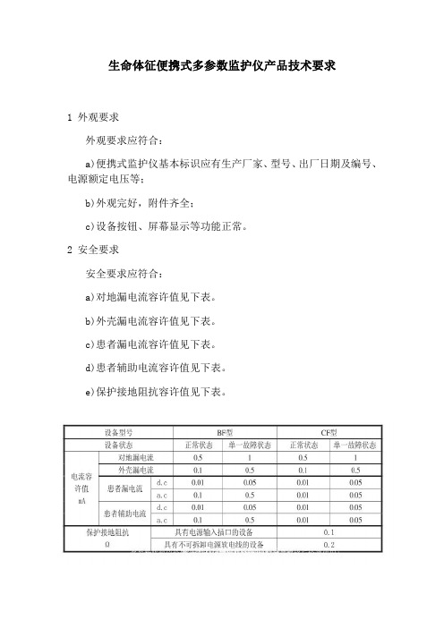 生命体征便携式多参数监护仪产品技术要求