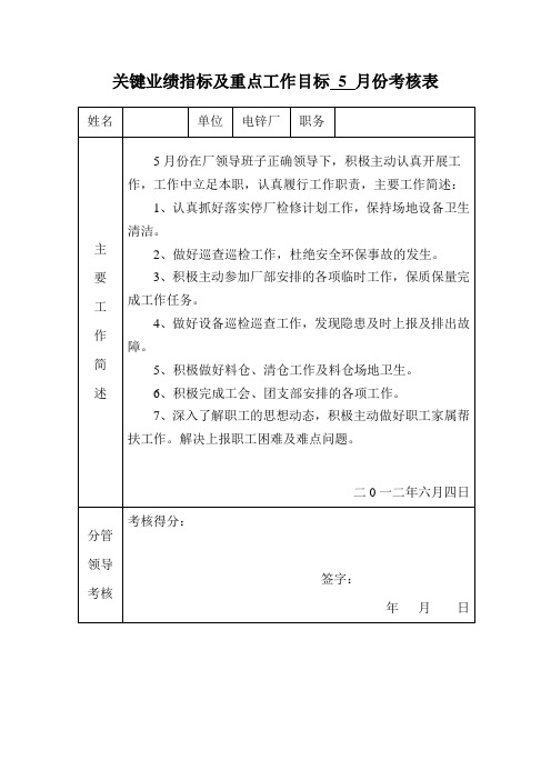 关键业绩指标及重点工作目标 5 月份考核表