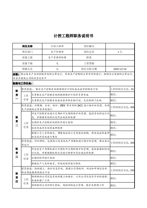 管理知识-湖北新丰化纤公司生产管理部计控工程师职务说明书 精品