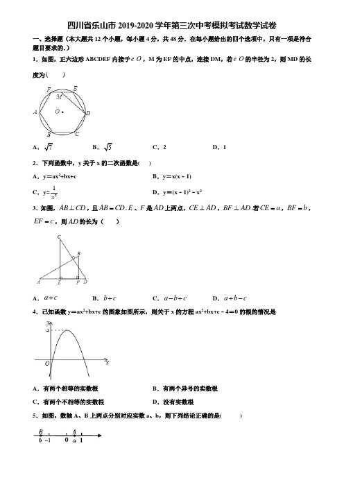 四川省乐山市2019-2020学年第三次中考模拟考试数学试卷含解析