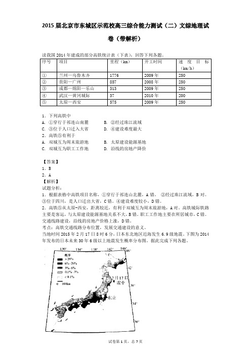 2015届北京市东城区示范校高三综合能力测试(二)文综地理试卷(带解析)