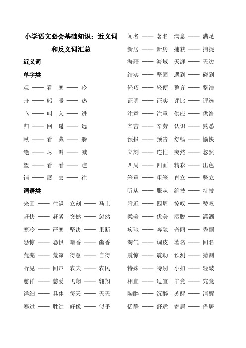 小学语文必会基础知识：近义词和反义词汇总