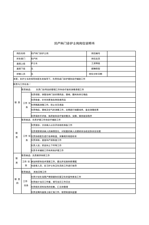 妇产科门诊护士岗岗位说明书