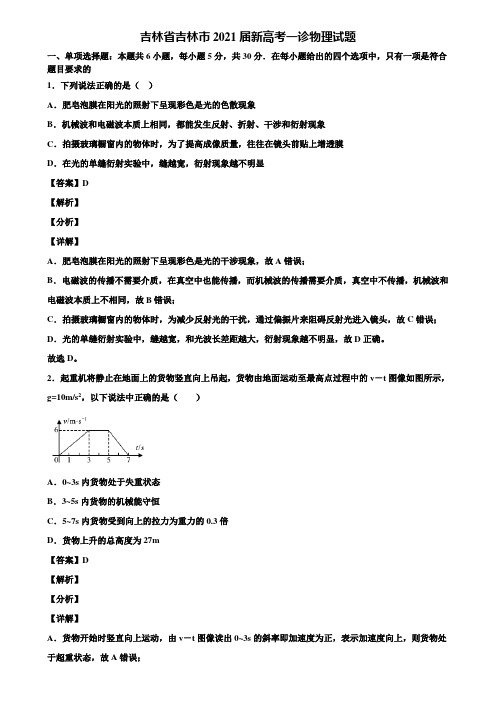 吉林省吉林市2021届新高考一诊物理试题含解析