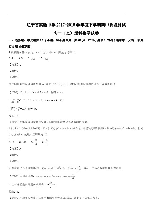 辽宁省实验中学2017-2018学年高一下学期期中考试数学试题(解析版)