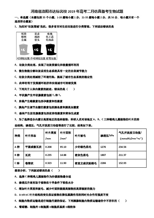 河南省洛阳市达标名校2019年高考二月仿真备考生物试题含解析