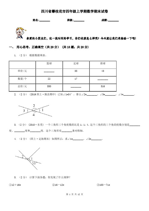 四川省攀枝花市四年级上学期数学期末试卷