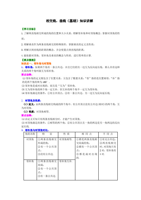 (家教培优专用)人教版数学七年级下册--相交线,垂线(基础)知识讲解