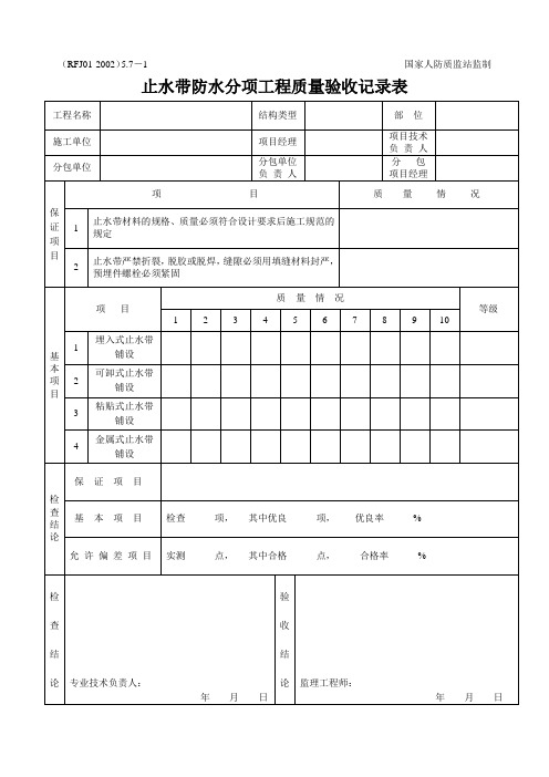 5.7-1止水带防水分项工程质量验收记录表