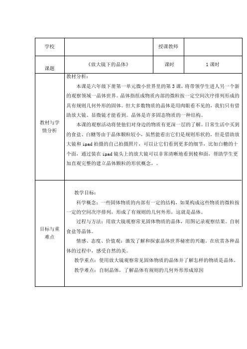 六年级下册科学教案-1.3 放大镜下的晶体｜教科版 (1)