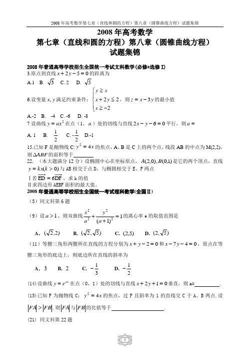 2008年高考(直线和圆的方程)(圆锥曲线方程)试题集