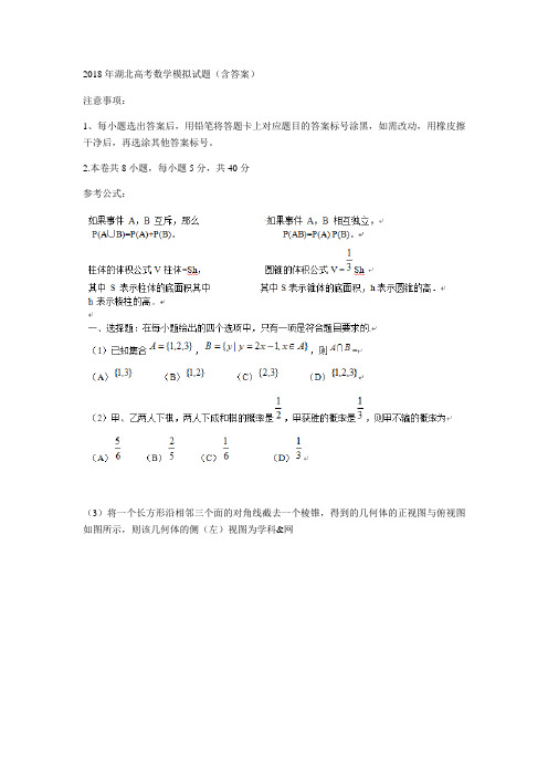 2018年湖北高考数学模拟试题含答案