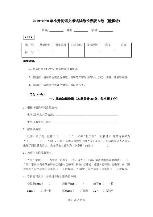 2019-2020年小升初语文考试试卷长春版B卷 (附解析)