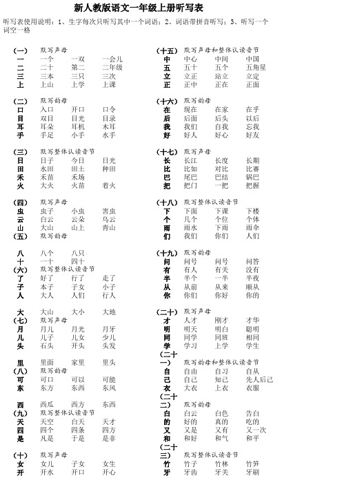 最新人教版语文一年级(上)听写表