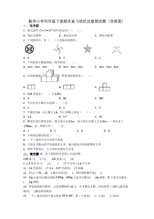 数学小学四年级下册期末复习培优试卷测试题(含答案)