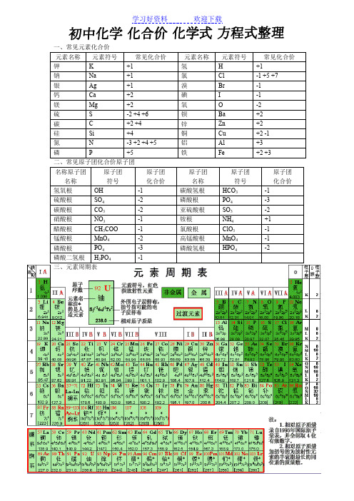 初中高中化学元素化合价化学式方程式整理