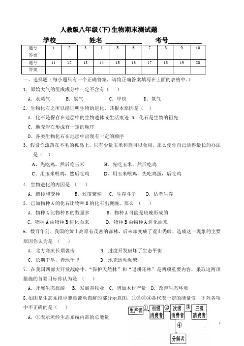 2019-2020学年人教版八年级(下)生物期末测试题及答案