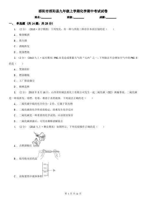 邵阳市邵阳县九年级上学期化学期中考试试卷