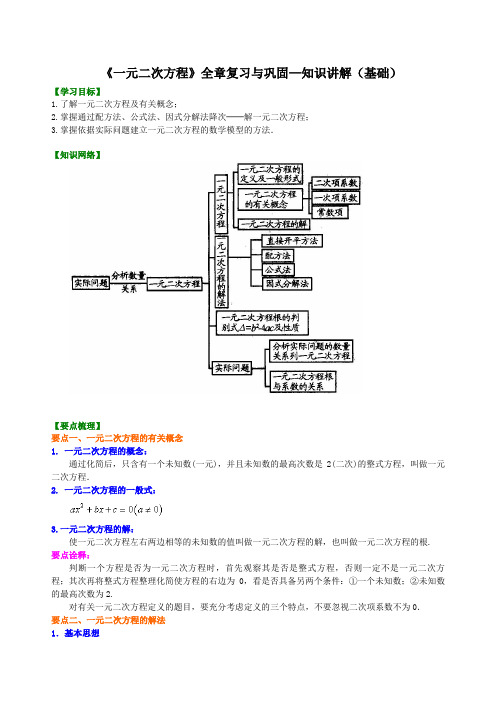 初三数学讲义：《一元二次方程》全章复习与巩固—知识讲解(基础)