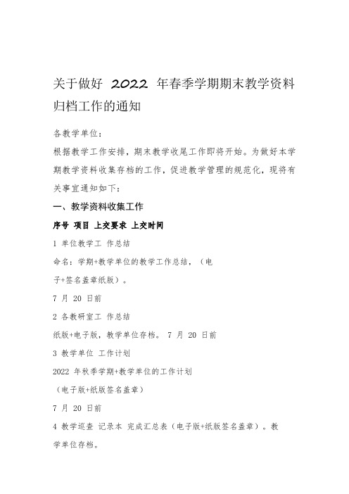 关于做好2022年春季学期期末教学资料归档工作的通知(实用模板建议收藏)