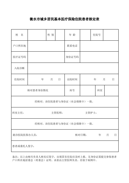 衡水市城乡居民基本医疗保险住院患者核定表