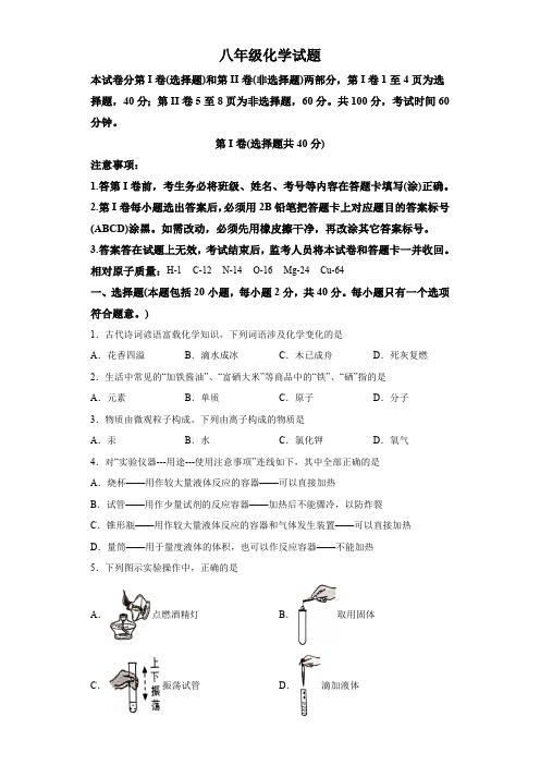 山东省泰安市东平县2023-2024学年八年级上学期期末化学试题(含解析)