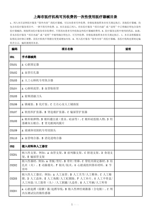 上海市医疗机构可另收费的一次性使用医疗器械目录