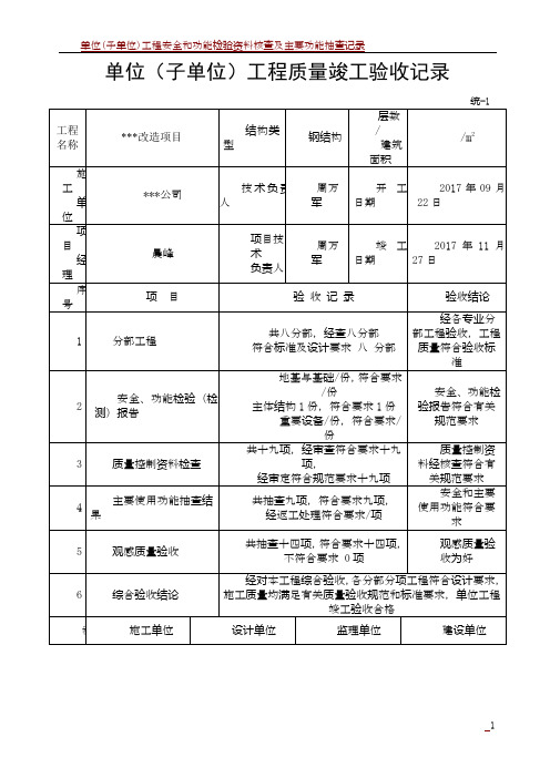 单位(子单位)工程安全的功能检验资料核查及主要功能抽查记录