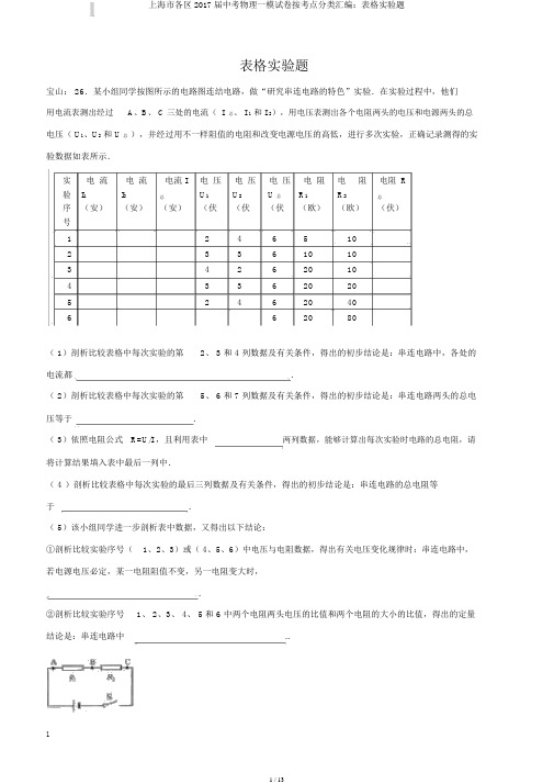 上海市各区2017届中考物理一模试卷按考点分类汇编：表格实验题