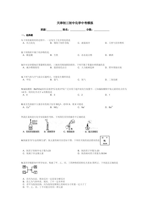 天津初三初中化学中考模拟带答案解析
