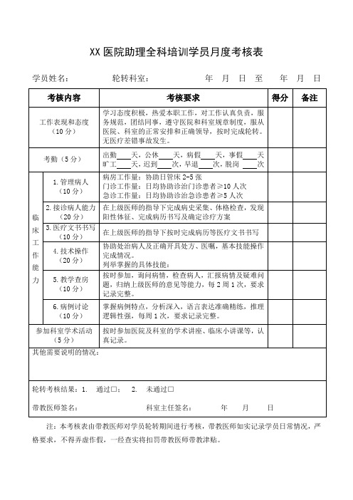 XX医院助理全科培训学员月度考核表