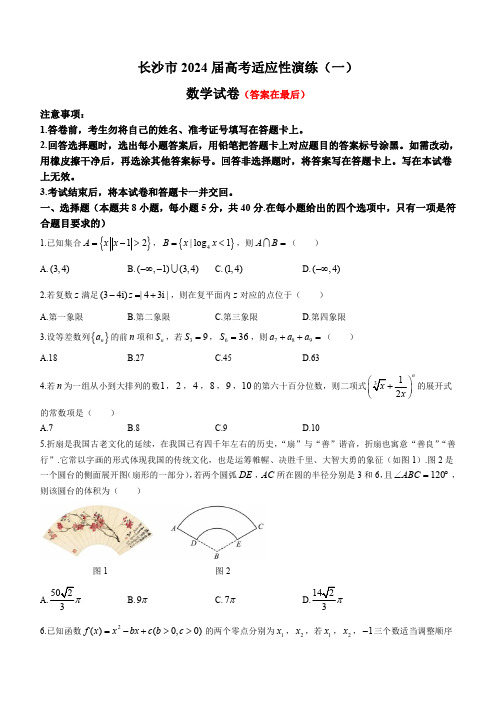 湖南省长沙市2024届高三下学期高考适应性演练(一)数学试题含答案