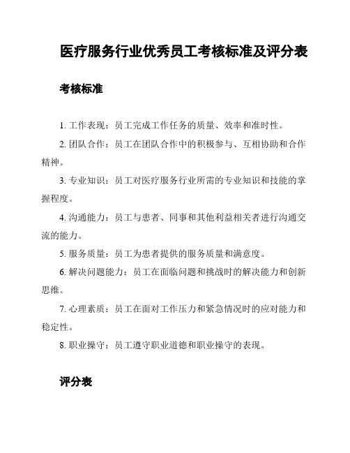 医疗服务行业优秀员工考核标准及评分表