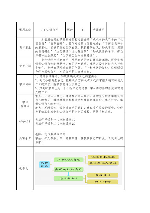 3.1 认识自己 教案-2023-2024学年部编版道德与法治七年级上册