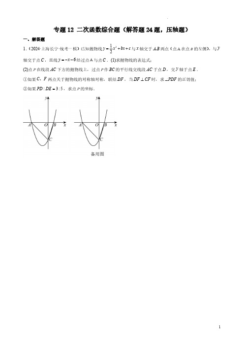 2024年上海中考数学一模专题12 二次函数综合题(解答题24题,压轴题)(原卷版)